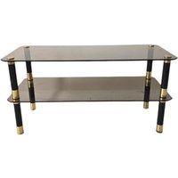 Vintage Mid Century Modern Elegant Schwerer Holz Tisch Mit Messing Rauchigen Gläsern Vintage Mid Century Modern Elegant Schwerer Holz Tisch Mit Messing Rauchigen Gläsern von MCMeffect