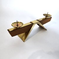 Vintage Mid Century Modern Holz Kerzenständer Aus Messing 60Er Jahre von MCMeffect