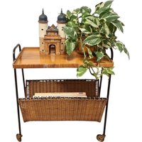 Vintage Mid Century Modern Rollwagen Tisch Mit Korb Für Zeitschriften Mcm Räder Barwagen Aus Eisen Und Rattangeflecht von MCMeffect