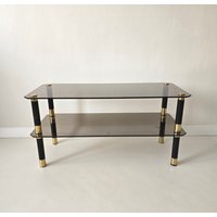 Vintage Mid-Century Moderner Eleganter Tisch Aus Schwerem Holz Mit Messing Und Rauchigen Gläsern von MCMeffect