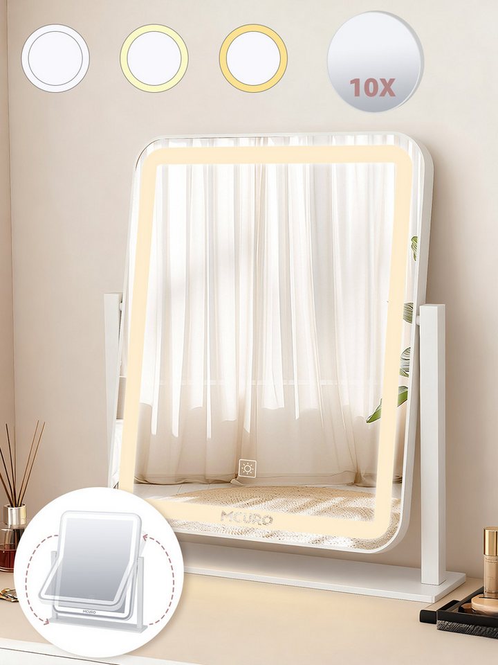 MCURO LED-Lichtspiegel LED Schminkspiegel 1500mAh,1/10 Vergrößerung mit beleuchtung, Höhenverstellbar HD-Spiegel Rasierspiegel für Zuhause Schminktisch von MCURO