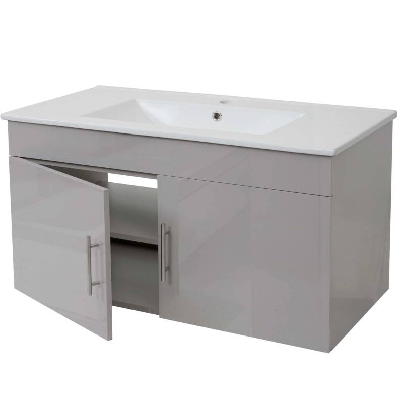 MCW Waschbecken mit unterschrank D16 Waschbecken Waschtisch Hochglanz 90cm Grau von MCW