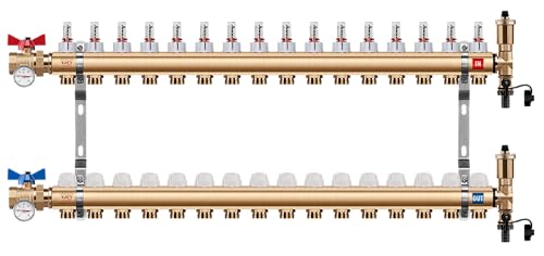 MD Technic Heizkreisverteiler aus Messing von 2 bis 16 Heizkreisen mit Druchflussmesser, Handventilen, Wandhalterungen, Endset zum Befüllen, Auto. Schnellentlüftern (Kugelhahn Gerade, 16 Heizkreise) von MD technic