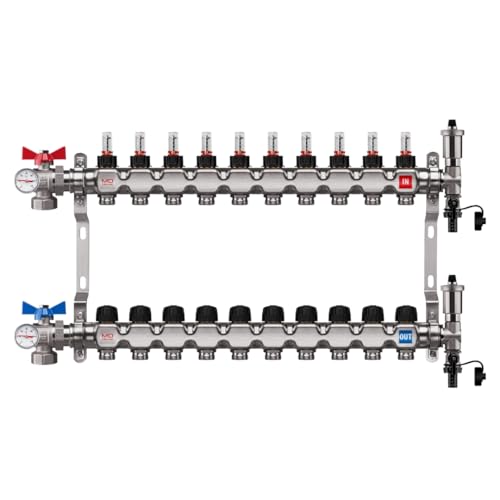 MD Technic Heizkreisverteiler aus Edelstahl – 2 bis 12 Heizkreise | Inkl. Durchflussmesser, Handventile, Wandhalterungen, Endset & automatischen Entlüftern (Kugelhahn Abgewinkelt, 10 Heizkreise) von MD technic