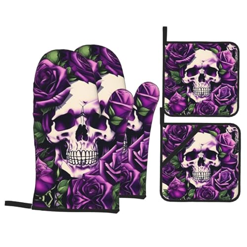 Ofenhandschuhe und Topflappen-Set, widerstandsfähige, rutschfeste Grillhandschuhe für Küche, Kochen, Backen, Grillen, viele violette Rosen-Totenkopf-Aufdruck, 4-teilig von MDATT