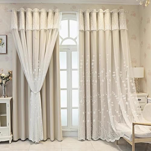 Vorhänge Verdunkelung Vorhang Sonnenschutz schallabsorbierend Lärmminderung Exquisite Stickerei Integriertes Design aus Stoff und Garn Verdunkelungsvorhänge (Farbe : Beige, Größe : 100X270cm/Hakenty von MDCG