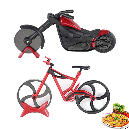 MDDC 2 Stücke Fahrrad Pizzaschneider, Edelstahl Pizza Roller, Fahrrad Pizzarad, Motorrad Pizza Cutter Wheel, Geeignet für Pizza, Kuchen, Waffeln, Kreative Geschenke, mit Aufsteller von MDDC