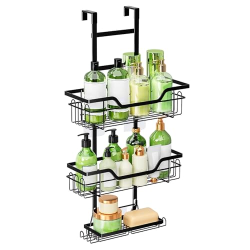 MDDK DY Duschablage ohne Bohren Schwarz, Duschablage zum HäNgen, Duschregal ohne Bohren füR GlastüR, Shampoo Duschgel Halterung füR Dusche mit 3 Duschkorb, Schwarz von MDDK DY