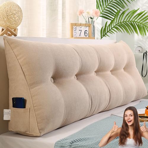 MDDKOP Dreieckiges Kopfteilkissen, gepolsterter Keil-Lesekissen, großes King-Size, Doppelbett, Rückenkissen, abnehmbares Kopfteil, Rückenlehne, Stützkissen(Beige,120x20x50cm) von MDDKOP