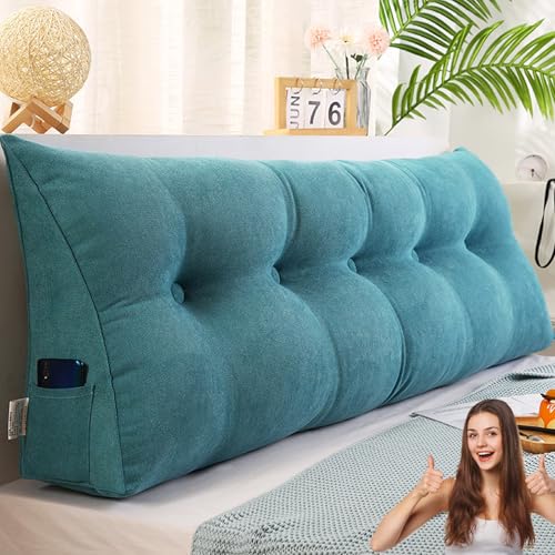 MDDKOP Dreieckiges Kopfteilkissen, gepolsterter Keil-Lesekissen, großes King-Size, Doppelbett, Rückenkissen, abnehmbares Kopfteil, Rückenlehne, Stützkissen(Blau,120x20x50cm) von MDDKOP