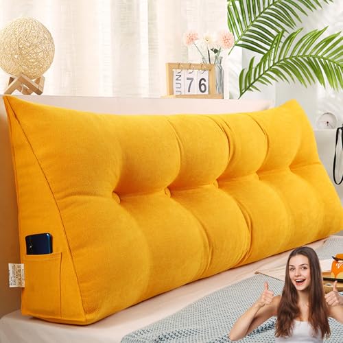 MDDKOP Dreieckiges Kopfteilkissen, gepolsterter Keil-Lesekissen, großes King-Size, Doppelbett, Rückenkissen, abnehmbares Kopfteil, Rückenlehne, Stützkissen(Gelb,120x20x50cm) von MDDKOP