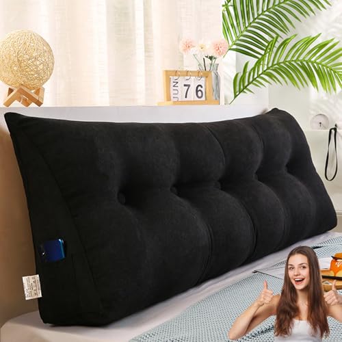 MDDKOP Dreieckiges Kopfteilkissen, gepolsterter Keil-Lesekissen, großes King-Size, Doppelbett, Rückenkissen, abnehmbares Kopfteil, Rückenlehne, Stützkissen(Schwarz,180x20x50cm) von MDDKOP