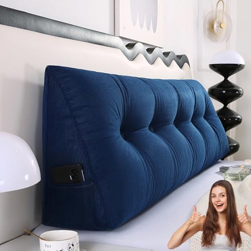 MDDKOP Einfaches Dreiecks-Lesekissen, großes Rückenlehnenkissen für Bett, Sofa, Tatami, Tagesbettkissen, Keil-Kopfteil-Kissen mit abnehmbarem Bezug(Blau,200x20x50cm) von MDDKOP