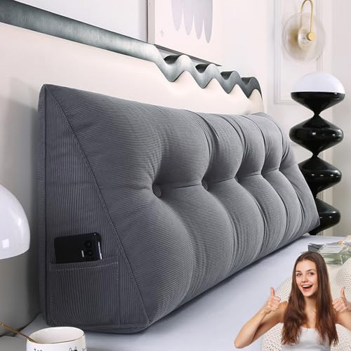 MDDKOP Einfaches Dreiecks-Lesekissen, großes Rückenlehnenkissen für Bett, Sofa, Tatami, Tagesbettkissen, Keil-Kopfteil-Kissen mit abnehmbarem Bezug(Gray,150x20x50cm) von MDDKOP