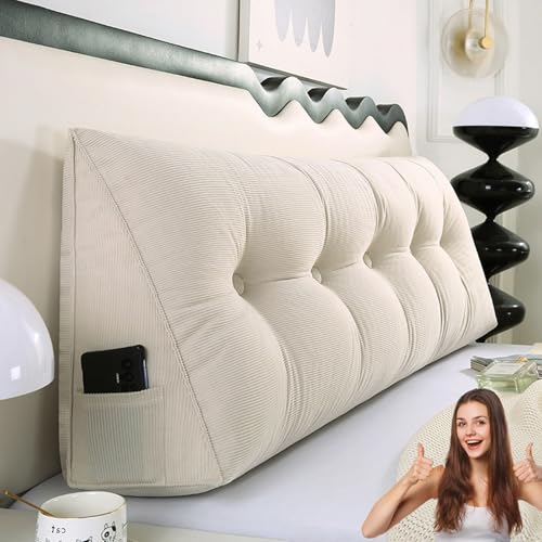 MDDKOP Einfaches Dreiecks-Lesekissen, großes Rückenlehnenkissen für Bett, Sofa, Tatami, Tagesbettkissen, Keil-Kopfteil-Kissen mit abnehmbarem Bezug(Weiß,120x20x50cm) von MDDKOP