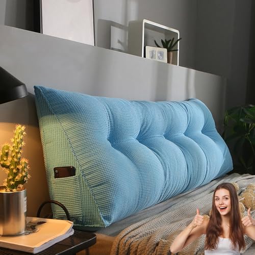 MDDKOP Großes dreieckiges Keil-Lesekissen, für Kopfstütze, Kissen für Doppelbett, Kissen für Schlafzimmer, Sofa Lendenwirbelstütze(Blau,180x20x50cm) von MDDKOP