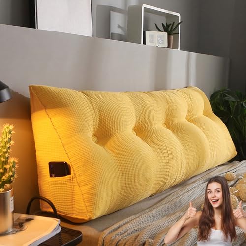 MDDKOP Großes dreieckiges Keil-Lesekissen, für Kopfstütze, Kissen für Doppelbett, Kissen für Schlafzimmer, Sofa Lendenwirbelstütze(Gelb,200x20x50cm) von MDDKOP