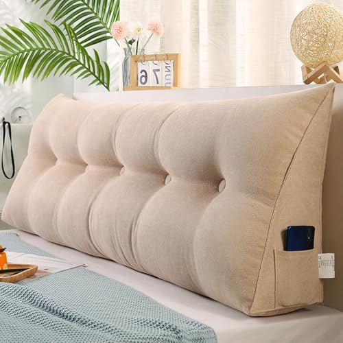 MDDKOP Großes dreieckiges Keil-Rückenlehnenkissen für Bett, Lesen, Doppelbett, Nackenrolle, Kopfteil-Kissen für Schlafzimmer, Couch, Ruhe, Lesekissen Lendenwirbelstütze(Beige,150x20x50cm) von MDDKOP