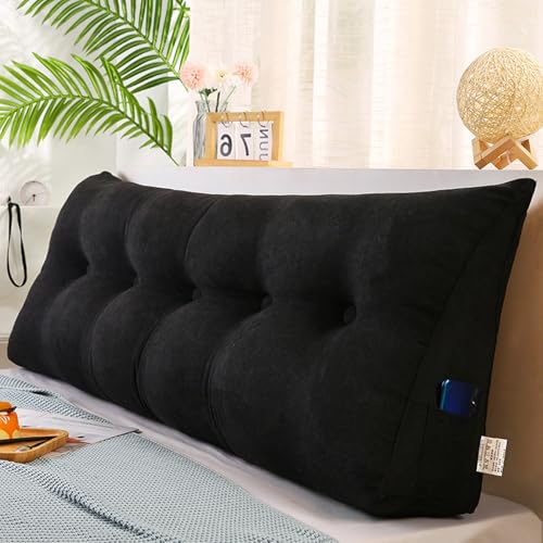 MDDKOP Großes dreieckiges Keil-Rückenlehnenkissen für Bett, Lesen, Doppelbett, Nackenrolle, Kopfteil-Kissen für Schlafzimmer, Couch, Ruhe, Lesekissen Lendenwirbelstütze(Schwarz,150x20x50cm) von MDDKOP