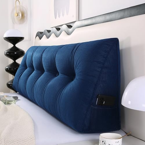 MDDKOP Keilkissen für Bett und Sofa: Bequem Rückenkissen Praktisches Seitenfach multifunktions Wandkissen dreieckiges Lesekissen Lendenwirbelstütze(Blau,120x20x50cm) von MDDKOP