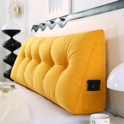 MDDKOP Keilkissen für Bett und Sofa: Bequem Rückenkissen Praktisches Seitenfach multifunktions Wandkissen dreieckiges Lesekissen Lendenwirbelstütze(Gelb,100x20x50cm) von MDDKOP
