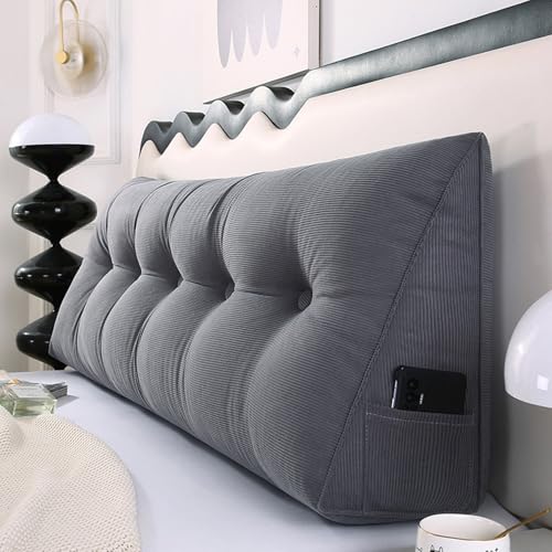 MDDKOP Keilkissen für Bett und Sofa: Bequem Rückenkissen Praktisches Seitenfach multifunktions Wandkissen dreieckiges Lesekissen Lendenwirbelstütze(Gray,120x20x50cm) von MDDKOP