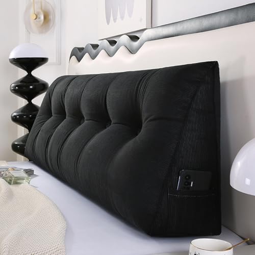MDDKOP Keilkissen für Bett und Sofa: Bequem Rückenkissen Praktisches Seitenfach multifunktions Wandkissen dreieckiges Lesekissen Lendenwirbelstütze(Schwarz,120x20x50cm) von MDDKOP
