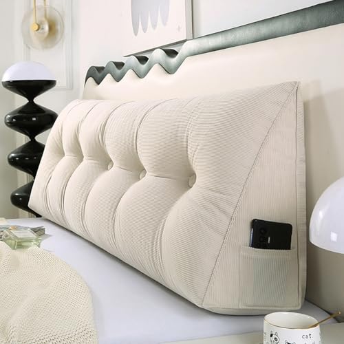 MDDKOP Keilkissen für Bett und Sofa: Bequem Rückenkissen Praktisches Seitenfach multifunktions Wandkissen dreieckiges Lesekissen Lendenwirbelstütze(Weiß,150x20x50cm) von MDDKOP