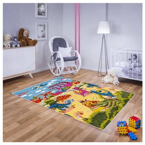 Teppich für Kinderzimmer Bunt Kinderteppich 140 cm x 190 cm Spielteppich mit Dinosaurier Urwelt Motiv, Babyteppich für Mädchen und Jungen von MDEKOR
