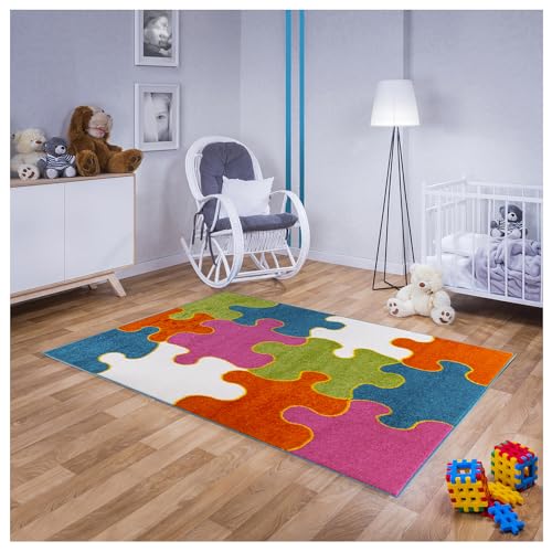 Teppich für Kinderzimmer in Blau, Grün, RosaKinderteppich 140 cm x 190 cmBunt mit Puzzle Motiv, Babyteppich für Mädchen und Jungen von MDEKOR