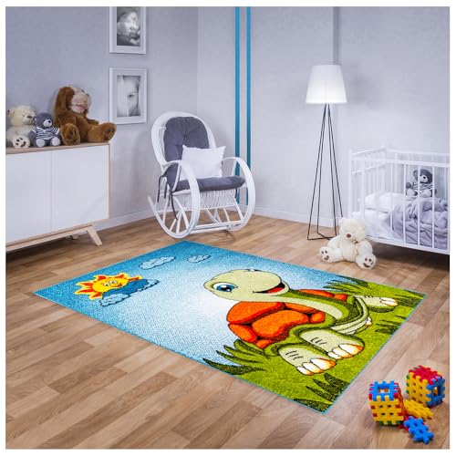 Teppich für Kinderzimmer in Blau, Grün Kinderteppich 120 cm x 170 cm mit Schildkröte Tiere Motiv, Babyteppich für Mädchen und Jungen von MDEKOR