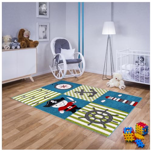 Teppich für Kinderzimmer in Blau, Grün Kinderteppich 140 cm x 190 cm mit Meer Piraten Motiv, Babyteppich für Mädchen und Jungen von MDEKOR
