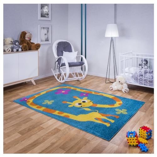 Teppich für Kinderzimmer in Blau Kinderteppich 120 cm x 170 cm Spielteppich mit Giraffe Tiere Motiv, Babyteppich für Mädchen und Jungen von MDEKOR