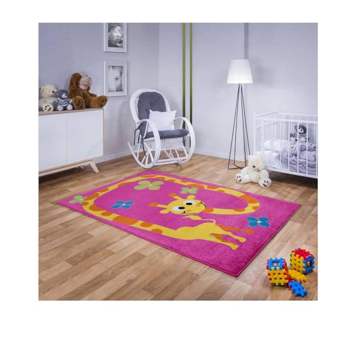 Teppich für Kinderzimmer in Rosa Kinderteppich 140 cm x 190 cm Spielteppich mit Giraffe Tiere Motiv, Babyteppich für Mädchen und Jungen von MDEKOR