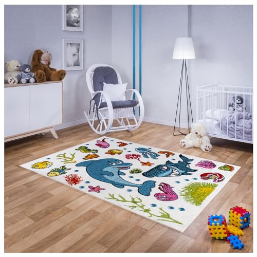Teppich für Kinderzimmer in Weiß, Blau Kinderteppich 140 cm x 190 cm mit Meer Fisch Delphin Motiv, Babyteppich für Mädchen und Jungen von MDEKOR