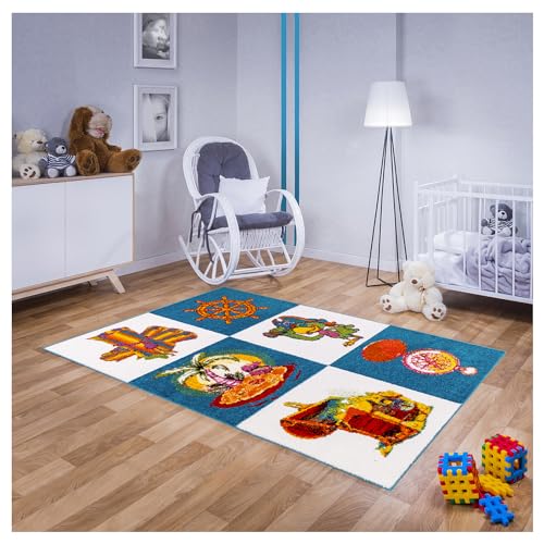 Teppich für Kinderzimmer in Weiß, Blau Kinderteppich 80 cm x 150 cm mit Meer Piraten Schatz Motiv, Babyteppich für Mädchen und Jungen von MDEKOR