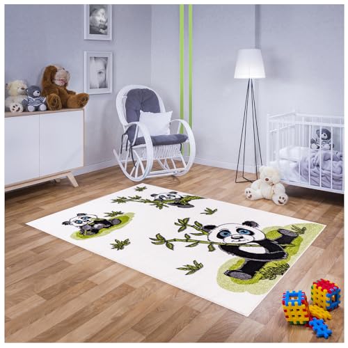 Teppich für Kinderzimmer in Weiß, Grün Kinderteppich 140 cm x 190 cm mit Panda Bär Motiv, Babyteppich für Mädchen und Jungen von MDEKOR