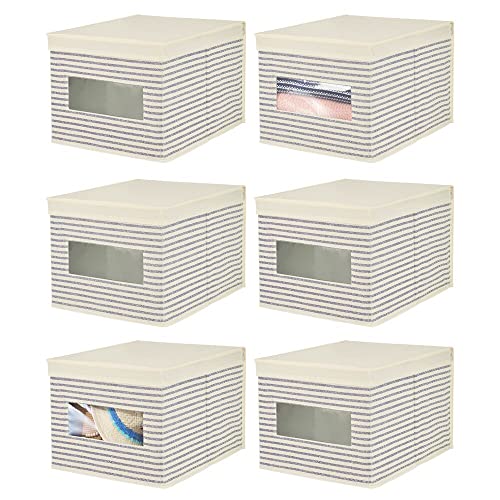 mDesign 6er-Set Stoffbox – praktische Aufbewahrungsbox mit Deckel und Sichtfenster für Schlaf-, Wohn- oder Badezimmer – stapelbare Schrankbox aus atmungsaktiver Kunstfaser – naturfarben/blau von mDesign