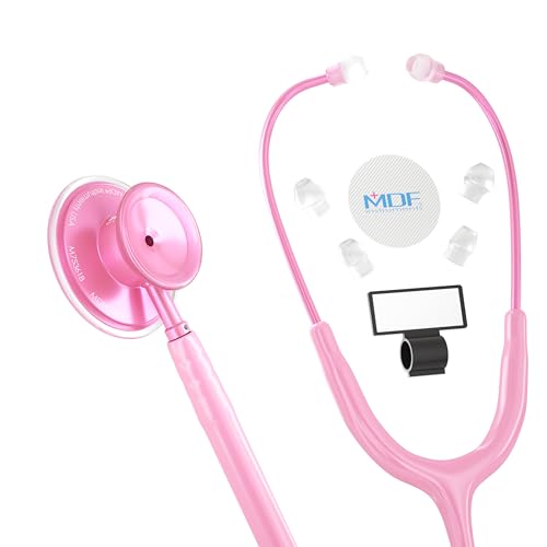 MDF Acoustica leichtes Stethoskop für Ärzte, Krankenschwestern, Studenten, Heimgesundheit, Erwachsene, Doppelkopf, rosa Schlauch, Bruststück-Headset aus rosa Metalloberfläche, MDF747XPPO01 von MDF Instruments