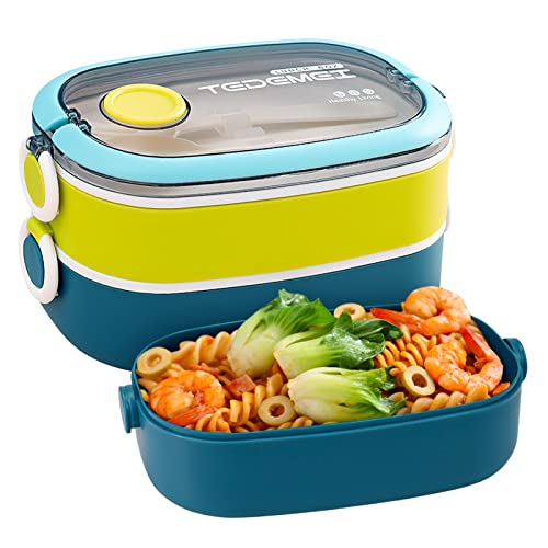 MDHAND Bento Box, Brotdose Kinder mit Fächern, 1600ML Lunchbox mit Löffel und Gabel für Kinder/Erwachsene, Lunchbox für den Transport von Mahlzeiten Brotdose Mikrowellengeeignet(Blau Grün) von MDHAND