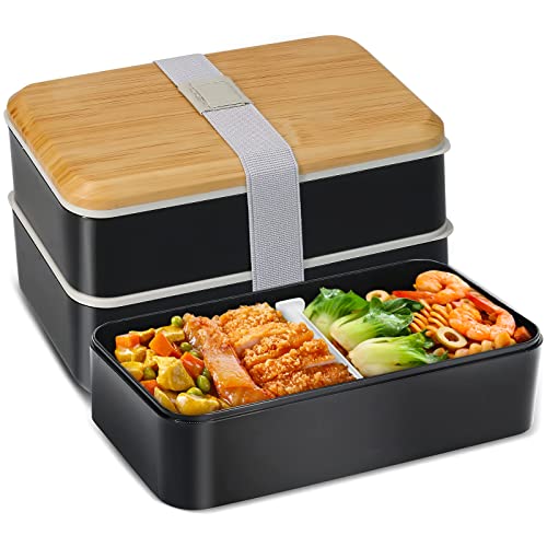 MDHAND Bento Box, Brotdose mit Fächern, 1400ML Lunchbox mit Löffel und Gabel für Kinder/Erwachsene, Lunchbox für den Transport von Mahlzeiten Brotdose mikrowellengeeignet (Schwarz) von MDHAND