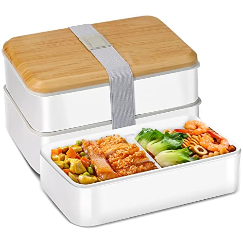 MDHAND Bento Box, Brotdose mit Fächern, 1400ML Lunchbox mit Löffel und Gabel für Kinder/Erwachsene, Lunchbox für den Transport von Mahlzeiten Brotdose mikrowellengeeignet (Weiß1) von MDHAND