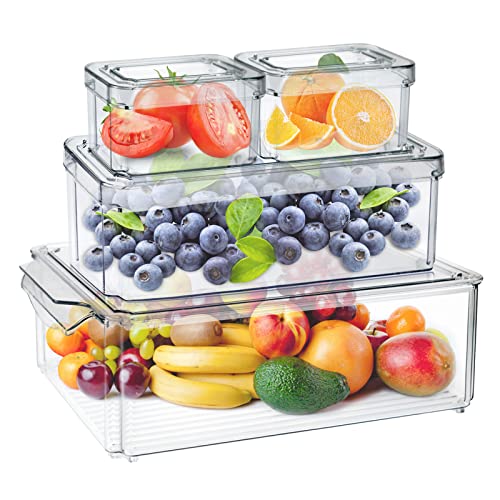 MDHAND Kühlschrank Organizer Set, Kühlschrank Organizer 4er Set Stapelbar, Durchsichtig Stapelbare Aufbewahrungsbox, ideal für Küchen, Kühlschrank, Schränke BPA-frei(4 Teiliges Set) von MDHAND