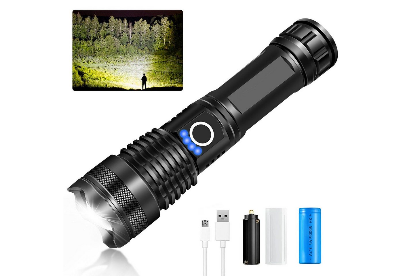 MDHAND LED Taschenlampe LED Taschenlampe USB Aufladbar Taktische Flashlight 5-Lichtmodi (1-St), Ideal für Outdoor Camping, Angeln, Nachts gehen von MDHAND