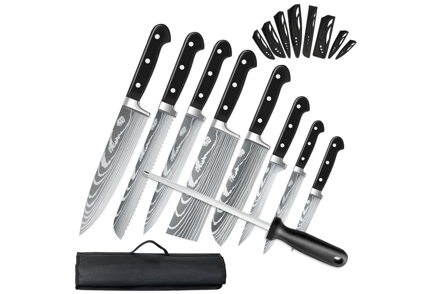 MDHAND Messer-Set Küchenmesserset mit schwarzem Griff (9-tlg), mit Nylontasche und Wetzstahl Spülmaschinenfest von MDHAND