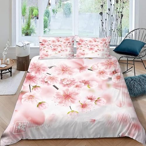 MDKLXIDF Bettwäsche 220x240 Kirschblüten 3 Teilig Wendemotiv Bettbezüge Bettwäsche-Sets Für Doppelbett, Hypoallergen Mikrofaser Bettbezug mit Reißverschluss und 2 Kissenbezug 80x80 cm von MDKLXIDF