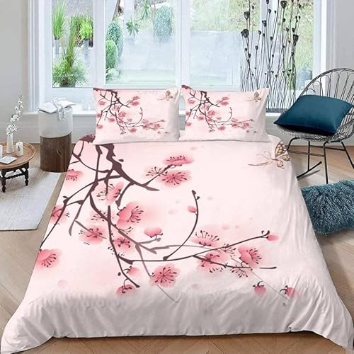 MDKLXIDF Bettwäsche 220x240 Kirschblüten 3 Teilig Wendemotiv Bettbezüge Bettwäsche-Sets Für Doppelbett, Hypoallergen Mikrofaser Bettbezug mit Reißverschluss und 2 Kissenbezug 80x80 cm von MDKLXIDF