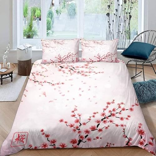 MDKLXIDF Bettwäsche 220x240 Kirschblüten 3 Teilig Wendemotiv Bettbezüge Bettwäsche-Sets Für Doppelbett, Hypoallergen Mikrofaser Bettbezug mit Reißverschluss und 2 Kissenbezug 80x80 cm von MDKLXIDF