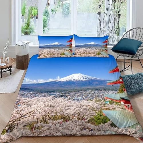 MDKLXIDF Bettwäsche 220x240 Mount Fuji 3 Teilig Wendemotiv Bettbezüge Bettwäsche-Sets Für Doppelbett, Hypoallergen Mikrofaser Bettbezug mit Reißverschluss und 2 Kissenbezug 80x80 cm von MDKLXIDF