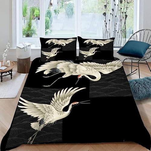 MDKLXIDF Bettwäsche 220x240 Schwarzer Kran 3 Teilig Wendemotiv Bettbezüge Bettwäsche-Sets Für Doppelbett, Hypoallergen Mikrofaser Bettbezug mit Reißverschluss und 2 Kissenbezug 80x80 cm von MDKLXIDF